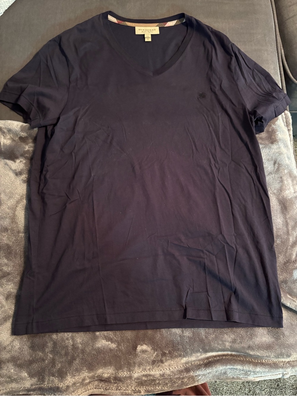 Burberry Navy V-Neck Short Sleeve Cotton Tee